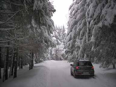 Der Outlander im verschneiten Wald — Ansicht von hinten . 